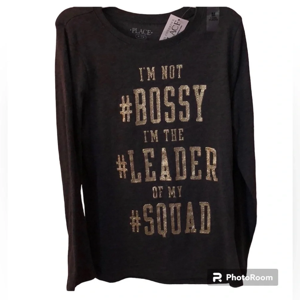 The Childrens Place Girls‎ Long Sleeve Leader of My Squad Glitter Graphic Tee M
